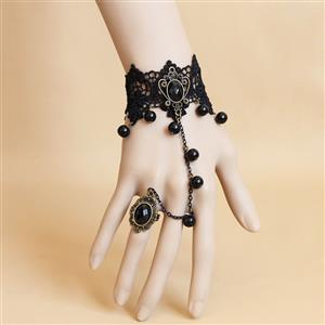 Goehic Black Lace Wristband Bronze Black Gem  Embellished Bracelet with Ring J18111