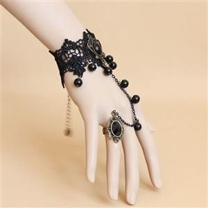 Goehic Black Lace Wristband Bronze Black Gem  Embellished Bracelet with Ring J18111