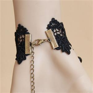 Goehic Black Lace Wristband Bronze Black Gem  Embellished Bracelet with Ring J18111