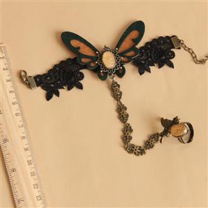 Gothic Black Lace Wristband Butterfly Champagne Gem Embellished Bracelet with Ring J18143