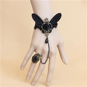 Gothic Black Lace Wristband Butterfly Rose Embellished Bracelet with Ring J18129