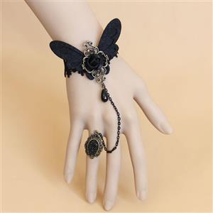 Gothic Black Lace Wristband Butterfly Rose Embellished Bracelet with Ring J18129