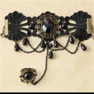 Gothic Black Lace Wristbannd Exaggerated Gem Embellished Bracelet with Ring J18172