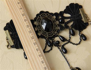 Gothic Black Lace Wristbannd Exaggerated Gem Embellished Bracelet with Ring J18172