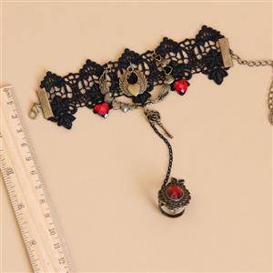 Gothic Black Lace Wristbannd Bronze Heart Red Gem Embellished Bracelet with Ring J18165