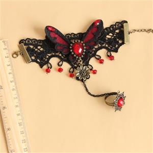 Gothic Black Lace Wristband Red Butterfly Gem Embellished Bracelet with Ring J18161