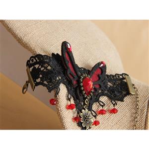 Gothic Black Lace Wristband Red Butterfly Gem Embellished Bracelet with Ring J18161