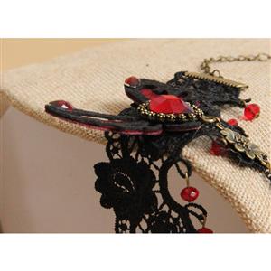 Gothic Black Lace Wristband Red Butterfly Gem Embellished Bracelet with Ring J18161