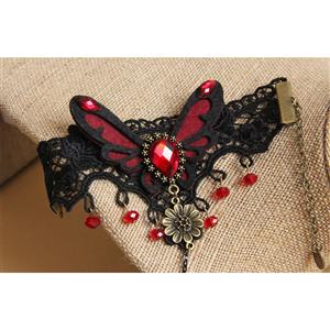 Gothic Black Lace Wristband Red Butterfly Gem Embellished Bracelet with Ring J18161