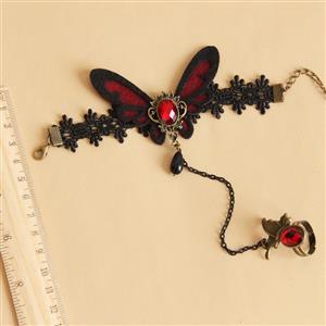 Gothic Black Lace Wristband Red Gem Butterfly Embellished Bracelet with Ring J18163