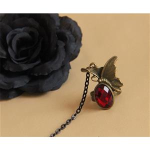 Gothic Black Lace Wristband Red Gem Butterfly Embellished Bracelet with Ring J18163