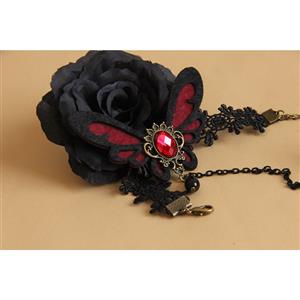 Gothic Black Lace Wristband Red Gem Butterfly Embellished Bracelet with Ring J18163