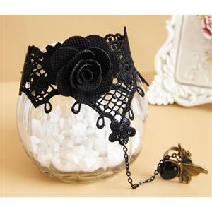 Gothic Black Lace Wristband Rose Embellished Bracelet with Ring J18123