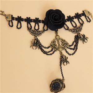 Gothic Black Lace Wristband Rose Spider Embellished Bracelet with Ring J18124