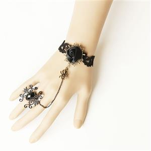 Goehic Black Lace Wristband Spider  Embellished Bracelet with Ring J18110