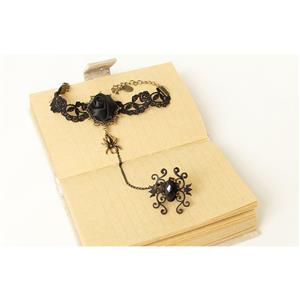Goehic Black Lace Wristband Spider  Embellished Bracelet with Ring J18110