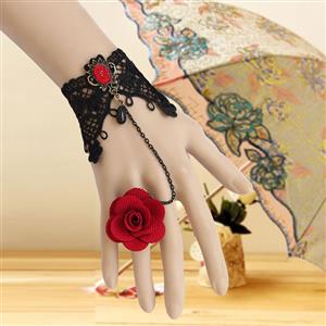 Gothic Black Lace Wristband Ruby Embellishment Bracelet with Red Rose Ring J18025