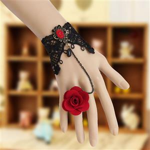 Gothic Black Lace Wristband Ruby Embellishment Bracelet with Red Rose Ring J18025