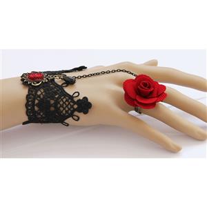 Gothic Black Lace Wristband Ruby Embellishment Bracelet with Red Rose Ring J18025