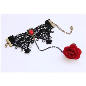 Gothic Black Lace Wristband Ruby Embellishment Bracelet with Red Rose Ring J18025