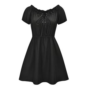 Gothic Black Off-shoulder Ruffle Lacing Bodice Puff Sleeve High Waist Harajuku A-line Dress N21638