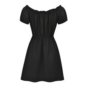 Gothic Black Off-shoulder Ruffle Lacing Bodice Puff Sleeve High Waist Harajuku A-line Dress N21638