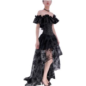 Gothic Plastic Boned Off-shoulder Strapless Overbust Corset with Organza High Low Skirt N22350