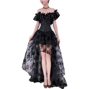 Gothic Plastic Boned Off-shoulder Strapless Overbust Corset with Organza High Low Skirt N22350