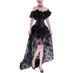 Gothic Plastic Boned Off-shoulder Strapless Overbust Corset with Organza High Low Skirt N22350