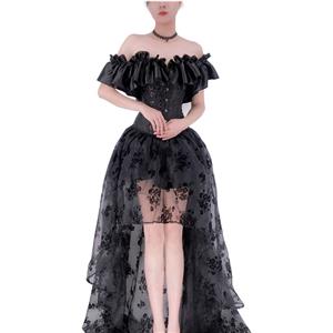 Gothic Plastic Boned Off-shoulder Strapless Overbust Corset with Organza High Low Skirt N22350