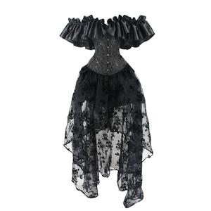 Gothic Plastic Boned Off-shoulder Strapless Overbust Corset with Organza High Low Skirt N22350