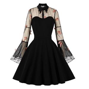 Retro Black Lapel See-through Mesh Orange Butterfly Flare Sleeve Stitching A-line Dress N22458