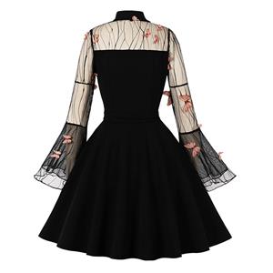 Retro Black Lapel See-through Mesh Orange Butterfly Flare Sleeve Stitching A-line Dress N22458