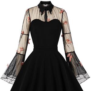 Retro Black Lapel See-through Mesh Orange Butterfly Flare Sleeve Stitching A-line Dress N22458