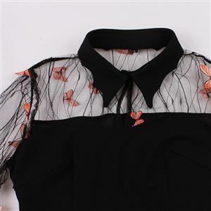 Retro Black Lapel See-through Mesh Orange Butterfly Flare Sleeve Stitching A-line Dress N22458