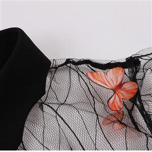 Retro Black Lapel See-through Mesh Orange Butterfly Flare Sleeve Stitching A-line Dress N22458