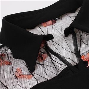 Retro Black Lapel See-through Mesh Orange Butterfly Flare Sleeve Stitching A-line Dress N22458