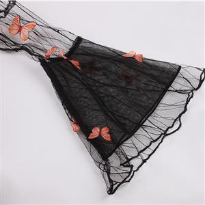 Retro Black Lapel See-through Mesh Orange Butterfly Flare Sleeve Stitching A-line Dress N22458