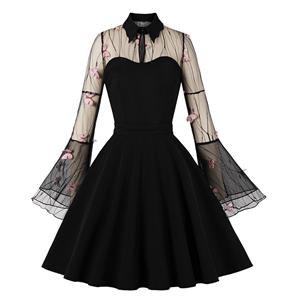 Retro Black Lapel See-through Mesh Pink Butterfly Flare Sleeve Stitching A-line Dress N22460