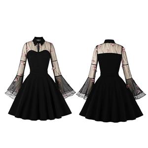 Retro Black Lapel See-through Mesh Pink Butterfly Flare Sleeve Stitching A-line Dress N22460
