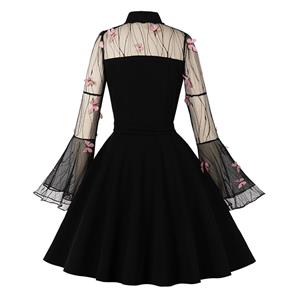 Retro Black Lapel See-through Mesh Pink Butterfly Flare Sleeve Stitching A-line Dress N22460