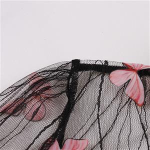 Retro Black Lapel See-through Mesh Pink Butterfly Flare Sleeve Stitching A-line Dress N22460