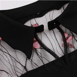 Retro Black Lapel See-through Mesh Pink Butterfly Flare Sleeve Stitching A-line Dress N22460