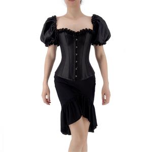 Gothic Black Plastic Boned Puff Sleeves Overbust Corset with Ruffle High Low Fishtail Skirt N22236