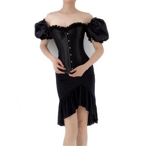 Gothic Black Plastic Boned Puff Sleeves Overbust Corset with Ruffle High Low Fishtail Skirt N22236