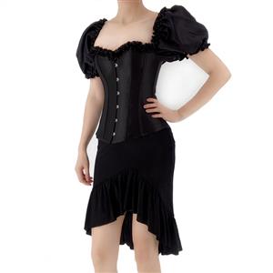 Gothic Black Plastic Boned Puff Sleeves Overbust Corset with Ruffle High Low Fishtail Skirt N22236