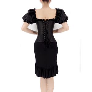 Gothic Black Plastic Boned Puff Sleeves Overbust Corset with Ruffle High Low Fishtail Skirt N22236