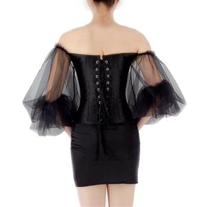 Gothic Black Off-shoulder Long Sleeves Overbust Corset with Elastic Tight Mini Skirt Set N22241