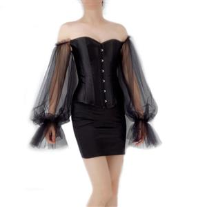 Gothic Black Off-shoulder Long Sleeves Overbust Corset with Elastic Tight Mini Skirt Set N22241