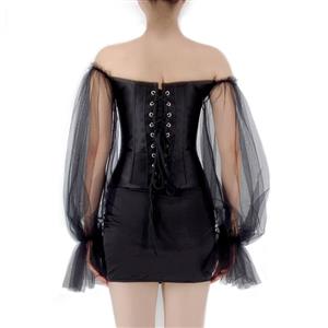 Gothic Black Off-shoulder Long Sleeves Overbust Corset with Elastic Tight Mini Skirt Set N22241